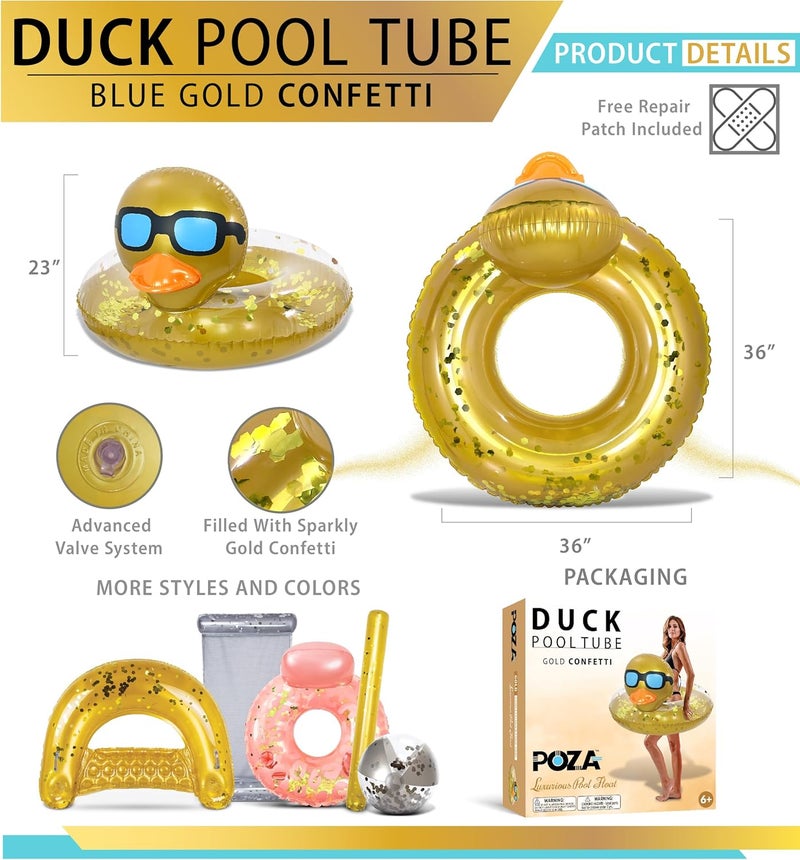 POZA Inflatable Duck Pool Float Tube- Heavy Duty Vinyl UV Resistant Confetti Pool Duck Floatie, Animal Pool Float Swim Ring Pool Inflatables for Kids and Adults for Beach, Party, Vacation - Image 2